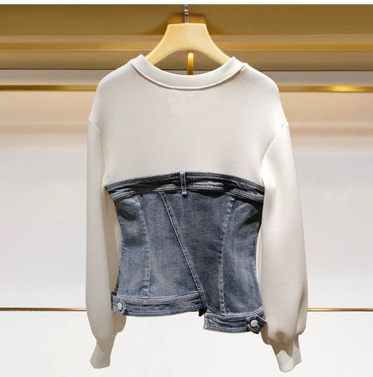 Design inspired top, fashionable and age reducing denim patchwork hoodie, women's fashion trend - The Nex Store
