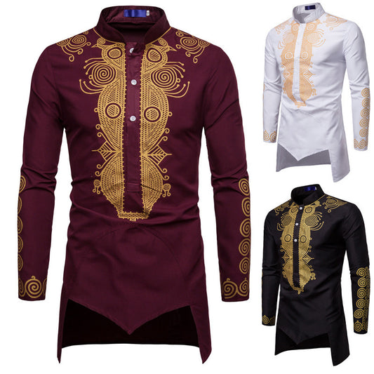 Long sleeved regular black youth all season universal stand up collar casual printed men's shirt - The Nex Store