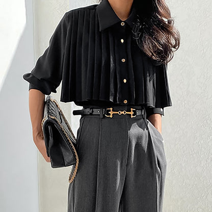 Early autumn pleated French white shirt women's long sleeved chiffon top commuting professional women's clothing - The Nex Store