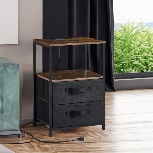 Tea table with charging station, bedside table with USB port, socket and cloth bag, 2 drawers - The Nex Store