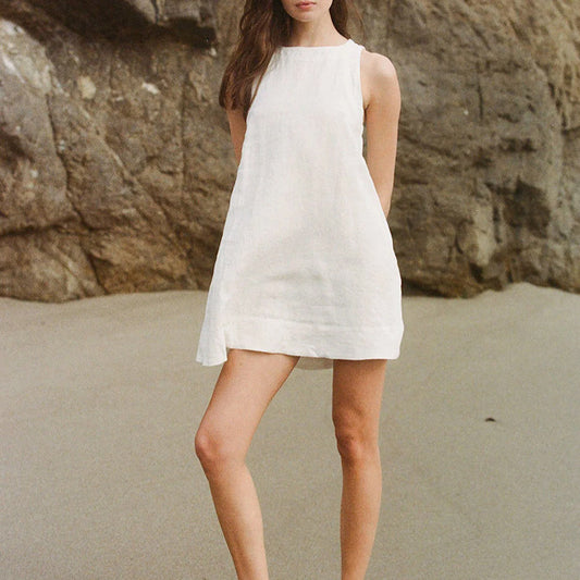 Elegant Pure Linen Dress Women's New Solid Color Simple Sleeveless Tank Dress Casual Commuting Round Neck Dress Summer - The Nex Store
