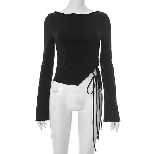 Women's Crew Neck Ruffle Trim Solid Side Tie T-Shirt Top - The Nex Store
