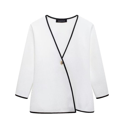 European and American autumn new style temperament V-neck contrasting side length sleeves solid color cardigan for women - The Nex Store