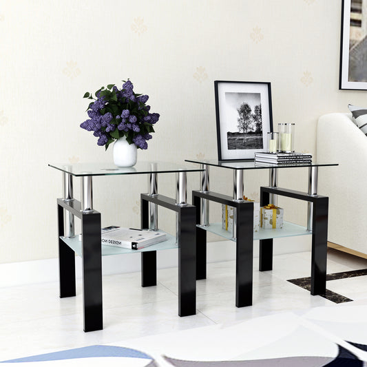 Set of 2, Modern Tempered Glass Tea Table Coffee Table End Table, Square Table for Living Room, Transparent/Black - The Nex Store