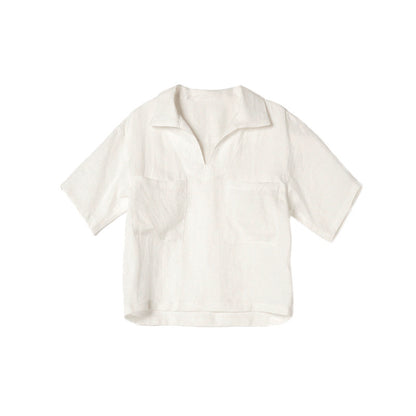 Linen Shirt V-neck Loose  Women's High-end Blouse Summer Wide Silhouette Short-sleeved Turn-down Collar Top - The Nex Store