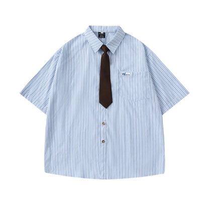 Striped Short-Sleeved Shirt Unisex College Style  Loose Fit All-Match Dress Shirt with Tie - The Nex Store