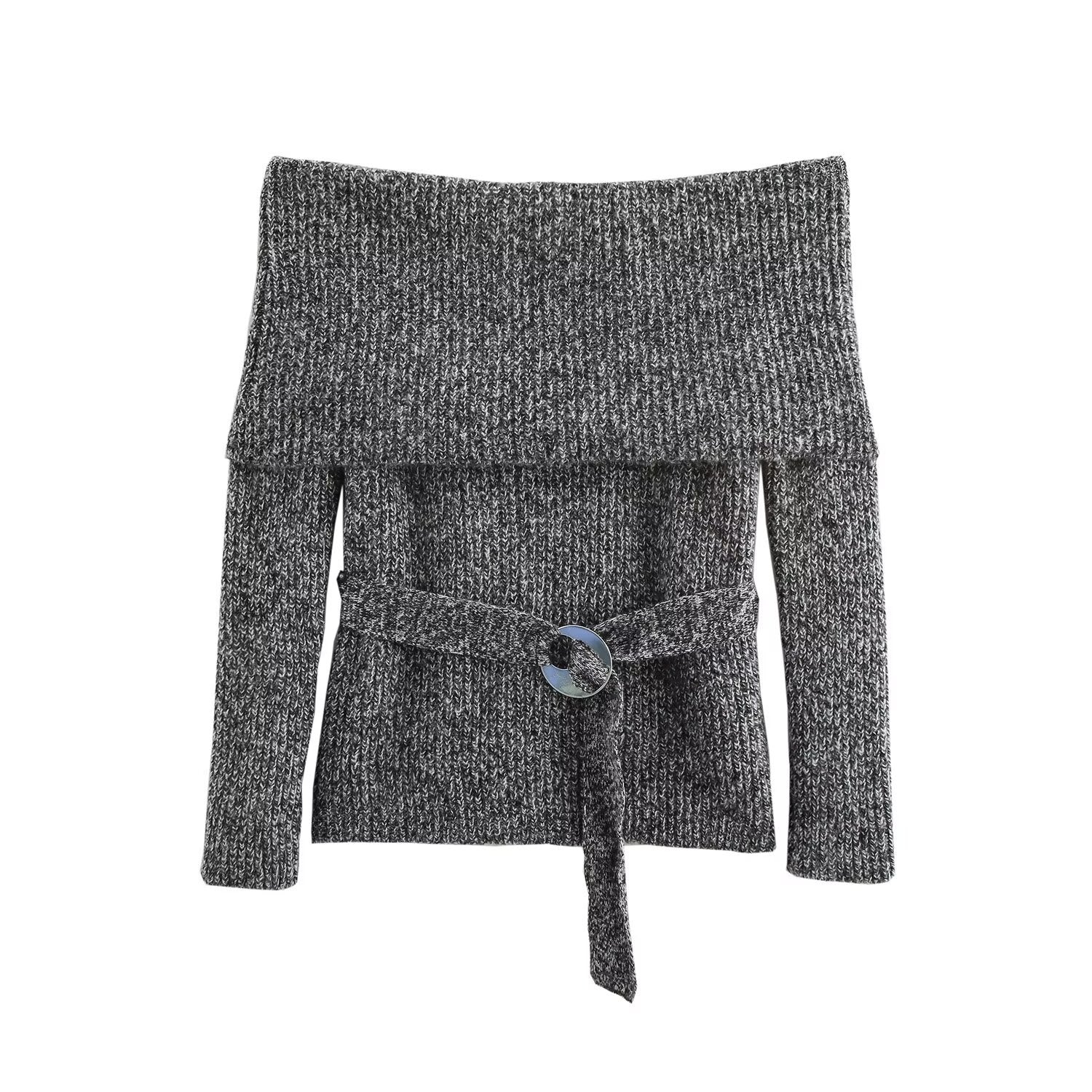 European and American autumn new style fashionable one collar long sleeved waistband top for women - The Nex Store
