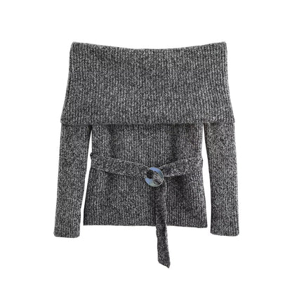 European and American autumn new style fashionable one collar long sleeved waistband top for women - The Nex Store