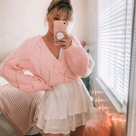 Women's Autumn/Winter Knitted Sweater V-neck Sexy Hollow Long Sleeve Loose Fashion Knitted Sweater Top for Women - The Nex Store
