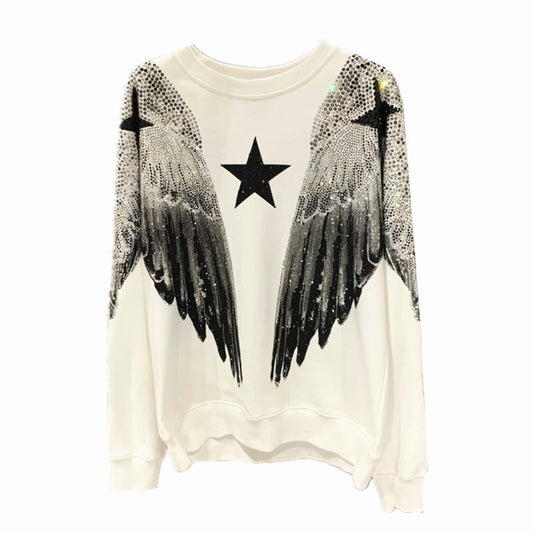 Autumn and winter luxury fashion hoodie for men and women, heavy-duty hot stamping, full diamond, large wings, wings, round neck pullover, couple style - The Nex Store