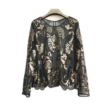 Fashionable women's clothing new trend heavy industry art bead round neck long sleeved base shirt - The Nex Store
