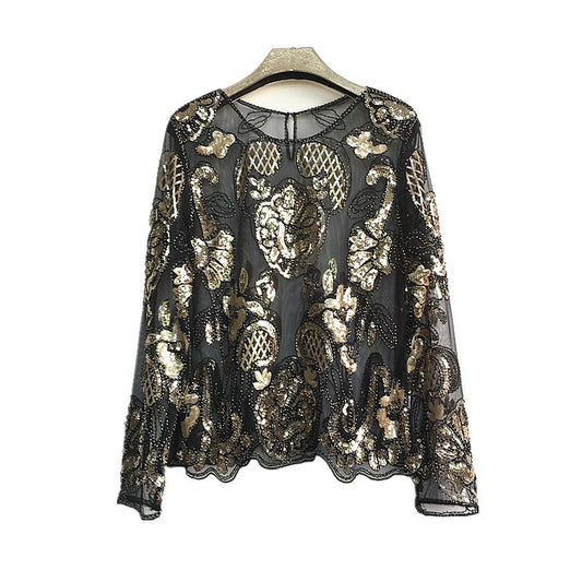 Fashionable women's clothing new trend heavy industry art bead round neck long sleeved base shirt - The Nex Store