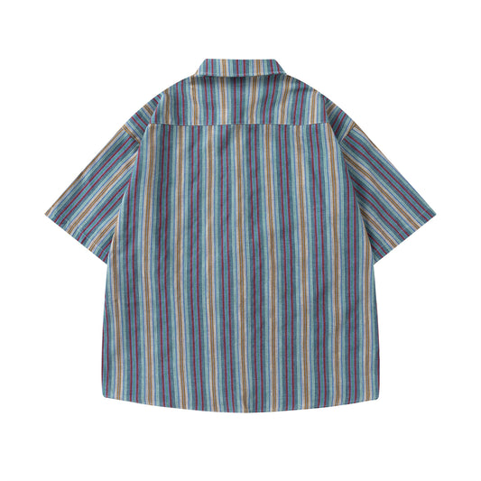 Retro Colorful Striped Short-Sleeved Shirt for Men and Women - The Nex Store