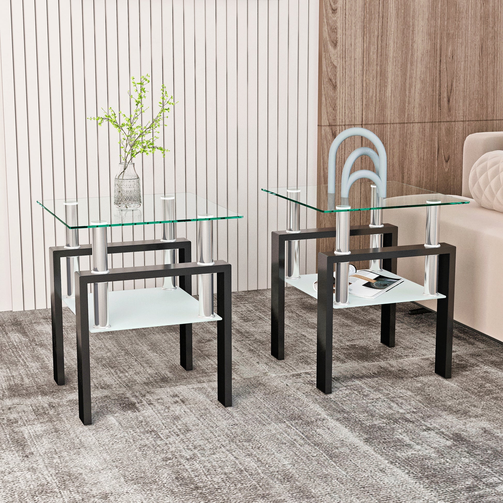 Set of 2, Modern Tempered Glass Tea Table Coffee Table End Table, Square Table for Living Room, Transparent/Black - The Nex Store