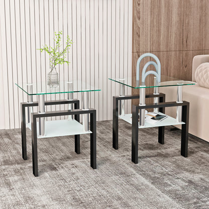 Set of 2, Modern Tempered Glass Tea Table Coffee Table End Table, Square Table for Living Room, Transparent/Black - The Nex Store