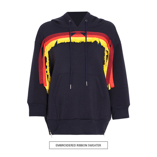 Design inspired hoodie with color blocking embroidery hooded cover and lace up top for women - The Nex Store