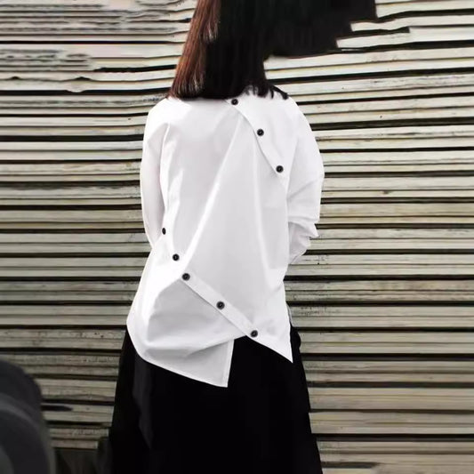 European and American women's fashion personalized button asymmetrical women's shirt long sleeved casual sloping collar top - The Nex Store