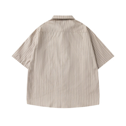 Striped Short-Sleeved Shirt Unisex College Style  Loose Fit All-Match Dress Shirt with Tie - The Nex Store