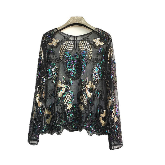 Fashionable women's clothing new trend heavy industry art bead round neck long sleeved base shirt - The Nex Store