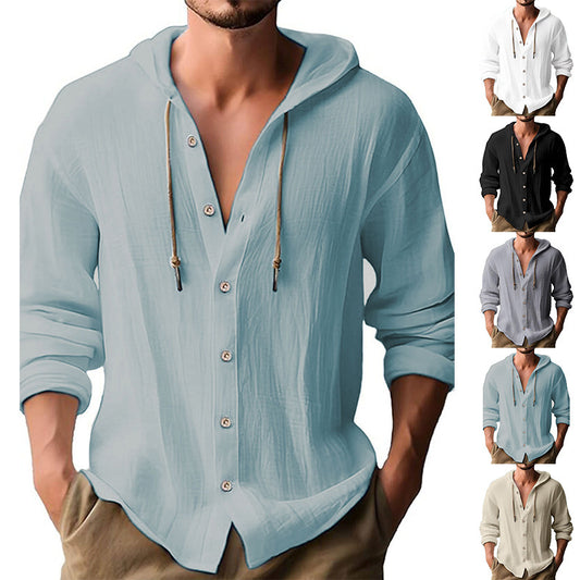 Cotton And Linen Shirt Hooded Sweater Button Long Sleeve - The Nex Store