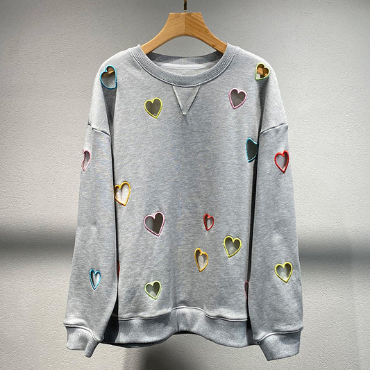 Small niche autumn and winter new grey round neck hollow out heart embroidered long sleeved hoodie for women - The Nex Store