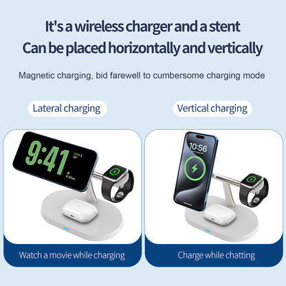 3in1 magnetic wireless charger stand showcasing horizontal and vertical charging for iPhone, Apple Watch, and AirPods.
