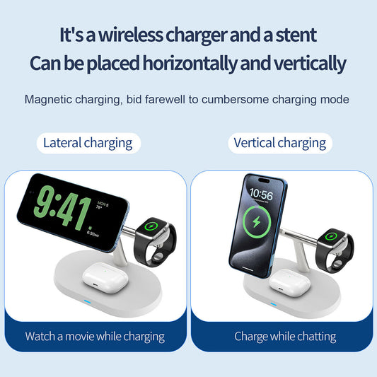 3in1 magnetic wireless charger stand showcasing horizontal and vertical charging for iPhone, Apple Watch, and AirPods.