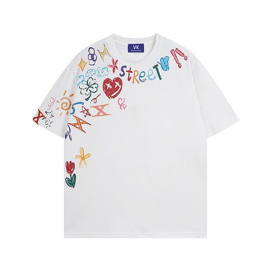 Retro Fun Graffiti Print Pure Cotton Heavyweight Short Sleeve T-Shirt Unisex Loose Casual Couple Top - The Nex Store