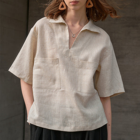 Linen Shirt V-neck Loose  Women's High-end Blouse Summer Wide Silhouette Short-sleeved Turn-down Collar Top - The Nex Store