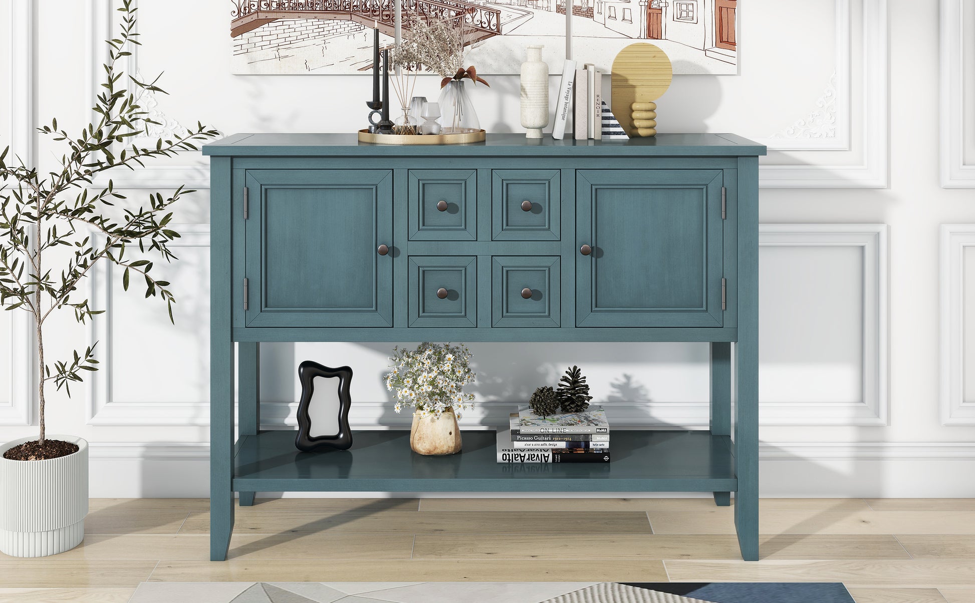 REXM Cambridge Series Spacious Storage Retro Console Desk with Four Small Drawers and Bottom Shelf - The Nex Store