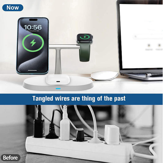 3-in-1 magnetic wireless charger stand for iPhone, Apple Watch, and AirPods, showcasing a clutter-free charging solution.