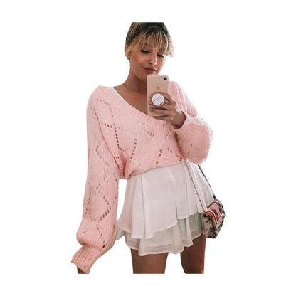 Women's Autumn/Winter Knitted Sweater V-neck Sexy Hollow Long Sleeve Loose Fashion Knitted Sweater Top for Women - The Nex Store