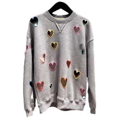 Small niche autumn and winter new grey round neck hollow out heart embroidered long sleeved hoodie for women - The Nex Store
