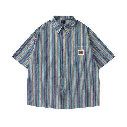 Retro Colorful Striped Short-Sleeved Shirt for Men and Women - The Nex Store