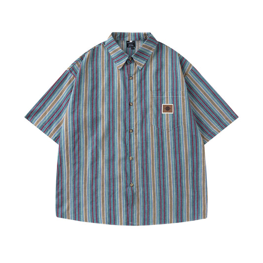 Retro Colorful Striped Short-Sleeved Shirt for Men and Women - The Nex Store