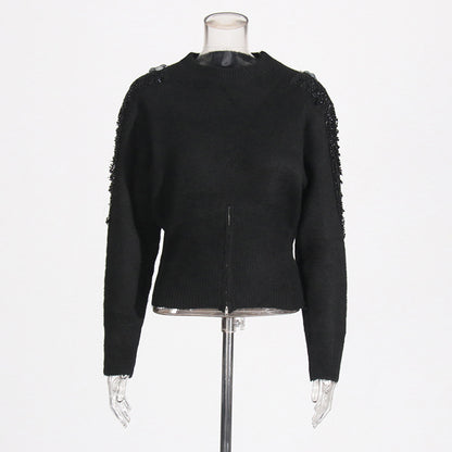 Elegant temperament, solid color waist cinched knit sweater, nail bead chain design, round neck pullover sweater for women - The Nex Store