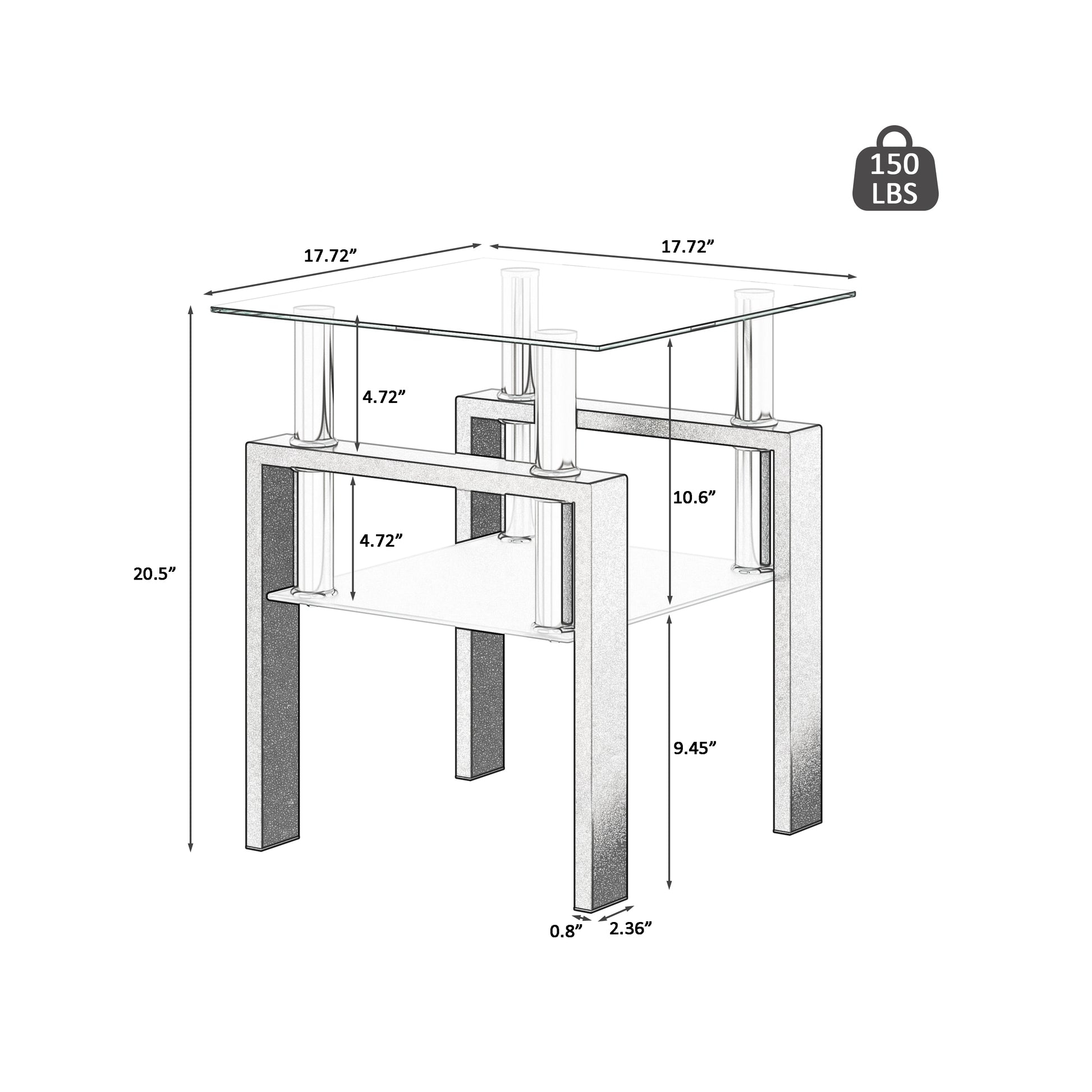 1-Piece Modern Tempered Glass Tea Table Coffee Table End Table, Square Table for Living Room, Transparent/Black - The Nex Store