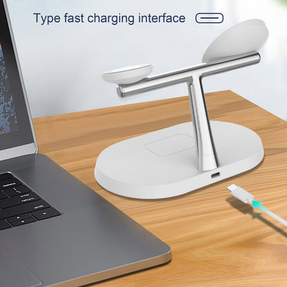 3in1 magnetic wireless charger stand for iPhone, Apple Watch, and AirPods on a wooden desk