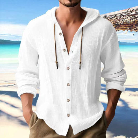 Cotton And Linen Shirt Hooded Sweater Button Long Sleeve - The Nex Store