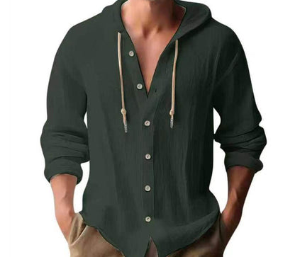 Cotton And Linen Shirt Hooded Sweater Button Long Sleeve - The Nex Store