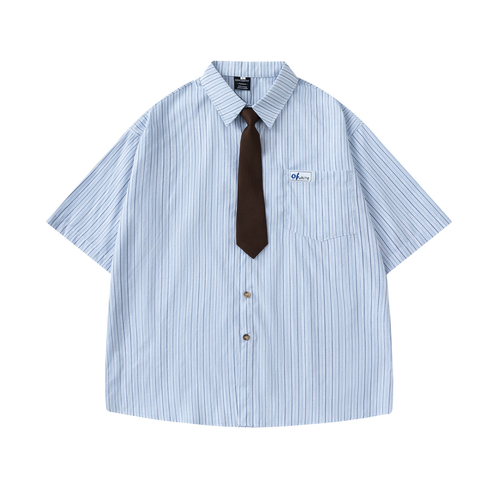 Striped Short-Sleeved Shirt Unisex College Style  Loose Fit All-Match Dress Shirt with Tie - The Nex Store