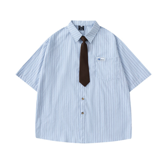 Striped Short-Sleeved Shirt Unisex College Style  Loose Fit All-Match Dress Shirt with Tie - The Nex Store
