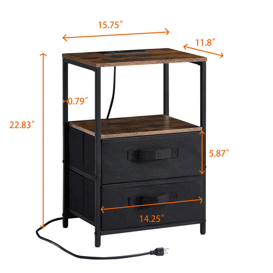 Tea table with charging station, bedside table with USB port, socket and cloth bag, 2 drawers - The Nex Store