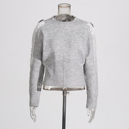 Elegant temperament, solid color waist cinched knit sweater, nail bead chain design, round neck pullover sweater for women - The Nex Store