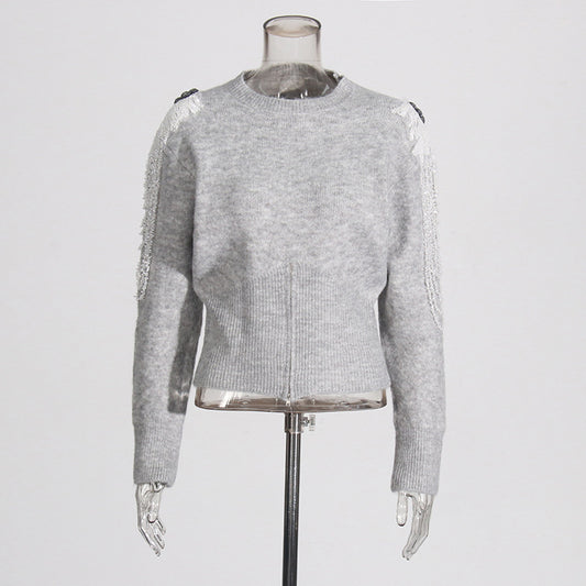 Elegant temperament, solid color waist cinched knit sweater, nail bead chain design, round neck pullover sweater for women - The Nex Store