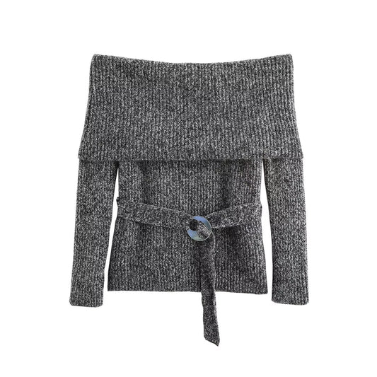 European and American autumn new style fashionable one collar long sleeved waistband top for women - The Nex Store