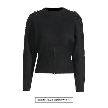 Elegant temperament, solid color waist cinched knit sweater, nail bead chain design, round neck pullover sweater for women - The Nex Store