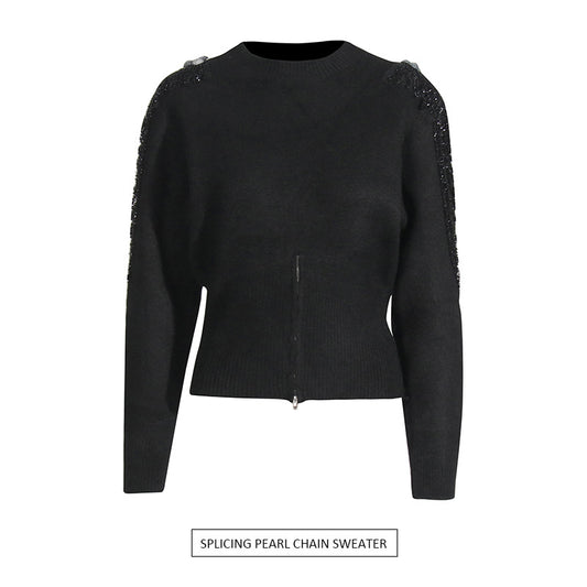 Elegant temperament, solid color waist cinched knit sweater, nail bead chain design, round neck pullover sweater for women - The Nex Store