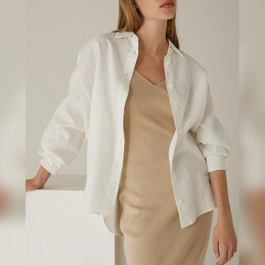 High-end Pure Linen Shirt Women's Spring and Summer Sunscreen Cardigan Loose Top Casual Cross-border Commuting Turn-down Collar Blouse - The Nex Store