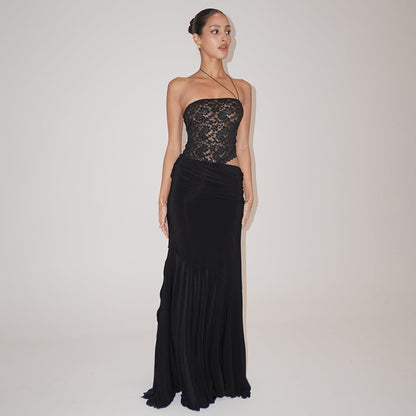 Women's Fine Strap Oblique Neck Lace Hollow-out Long Dress - The Nex Store